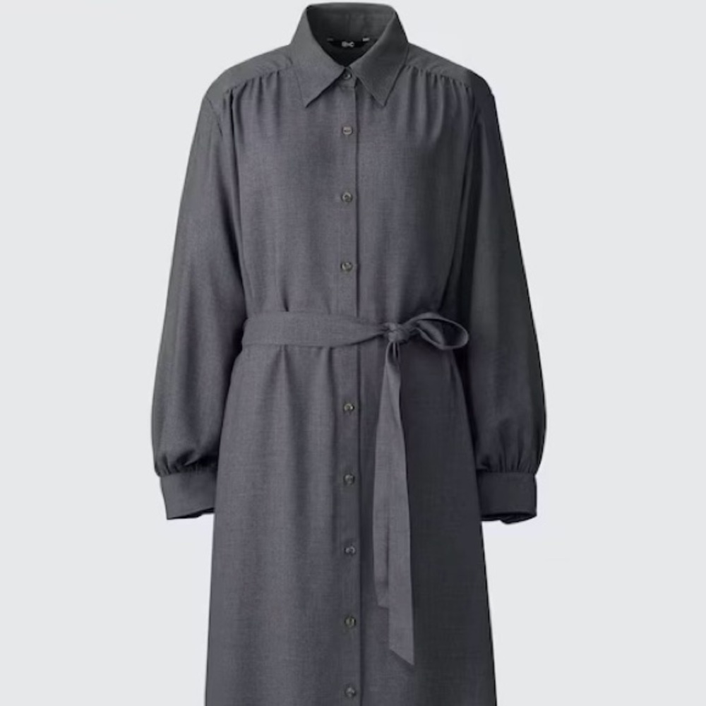 Gray Button-Up Belted Dress